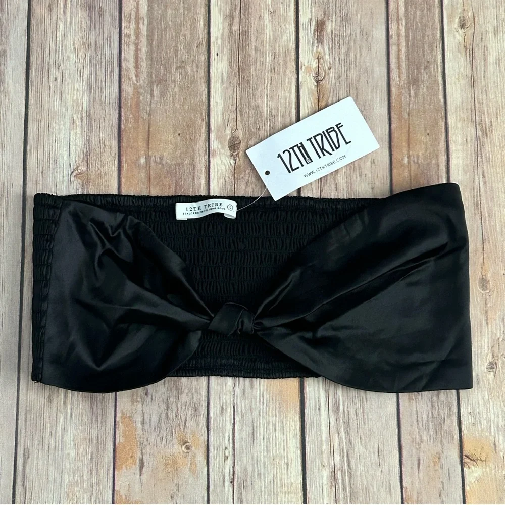 12th Tribe Black Satin-Look Bandeau Top with Smocked Back | Size Large - Picture 1 of 4